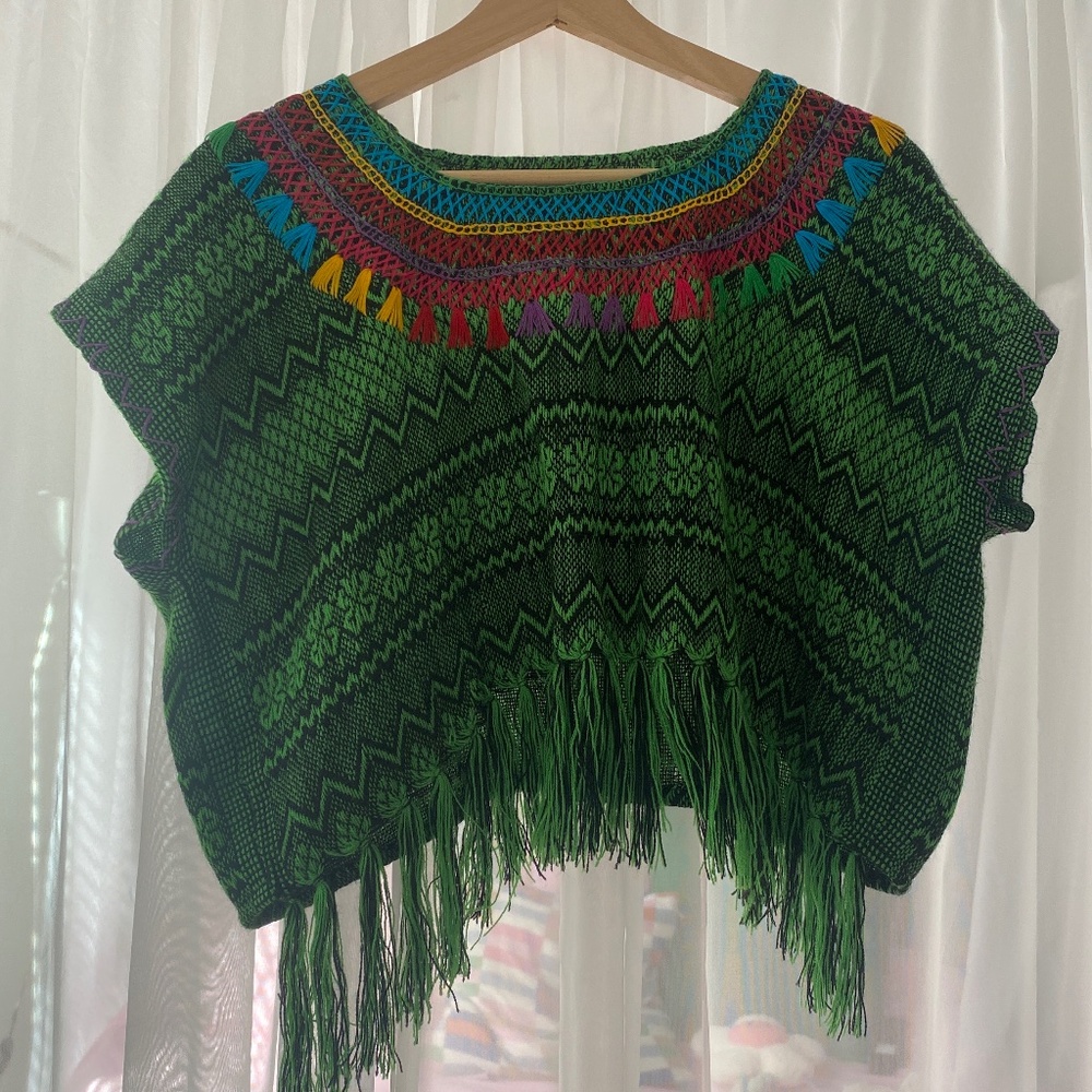Green Knit fringe crop poncho top from Mexico